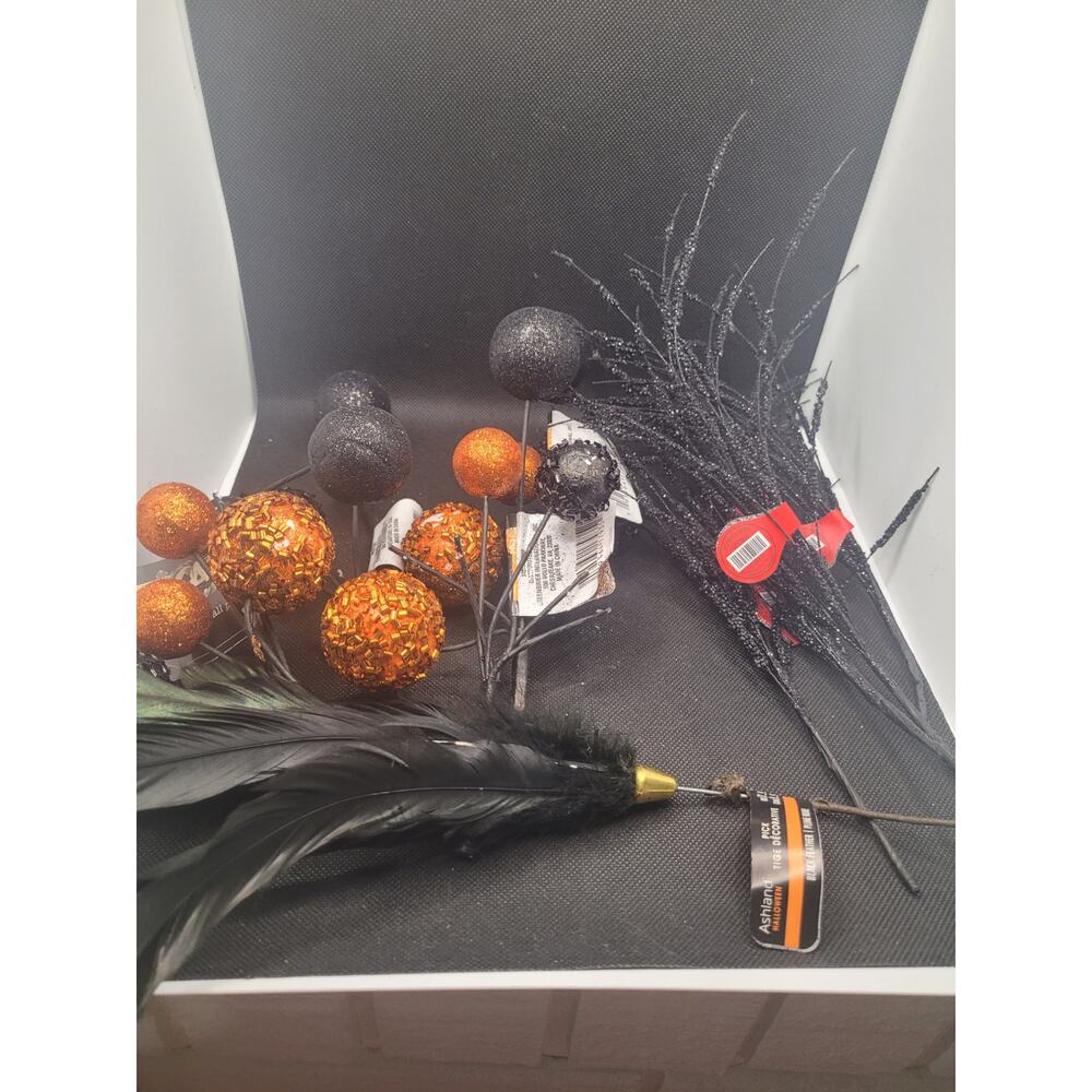 Halloween Decor Picks Bundle Black Orange Glitter Berry Stems Feather Gothic